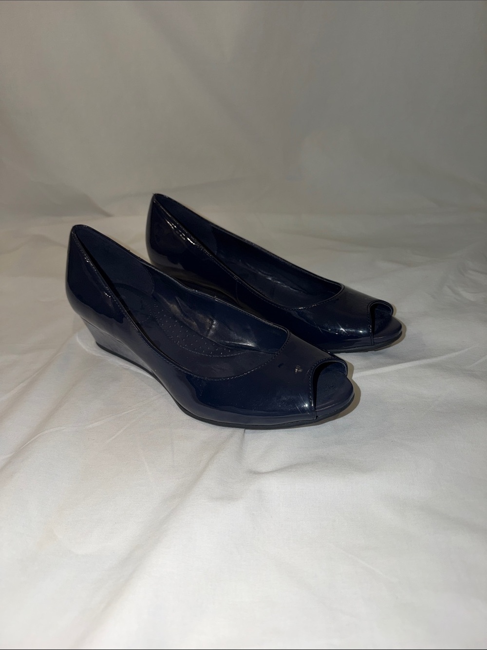 Bandolino Navy Patent Peep-Toe Wedge Pumps